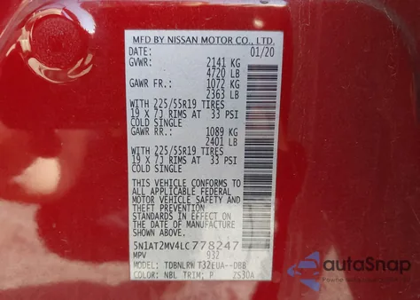 2020 Nissan Rogue Sl Intelligent Awd from USA, damaged, VIN 5N1AT2MV4LC778247